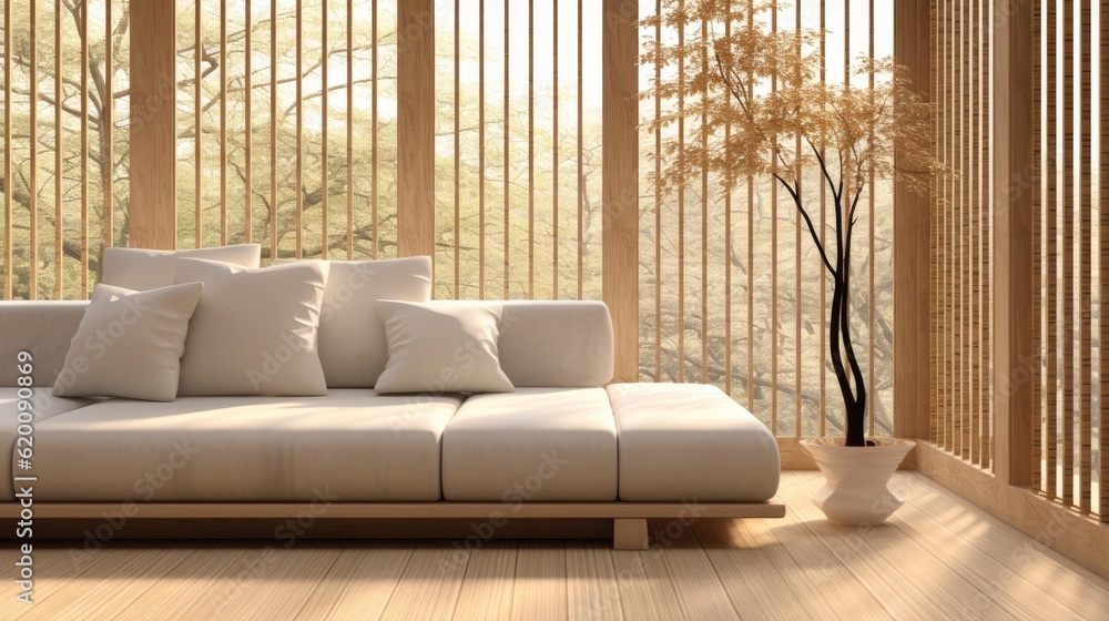 Minimal white fabric bolster back corner sofa, Japanese style, Cushion in sunlight from wooden windo