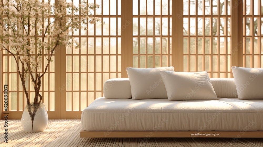 Minimal white fabric bolster back corner sofa, Japanese style, Cushion in sunlight from wooden windo