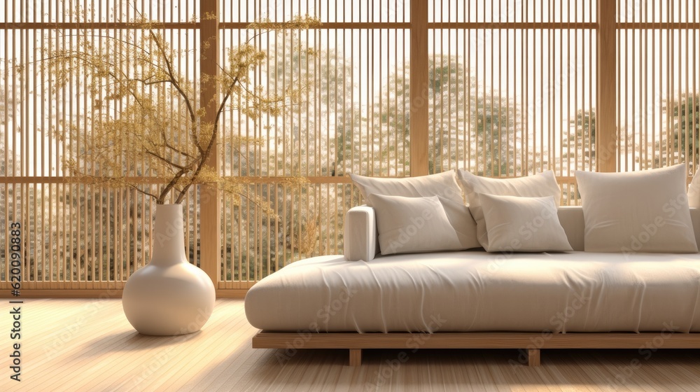 Minimal white fabric bolster back corner sofa, Japanese style, Cushion in sunlight from wooden windo