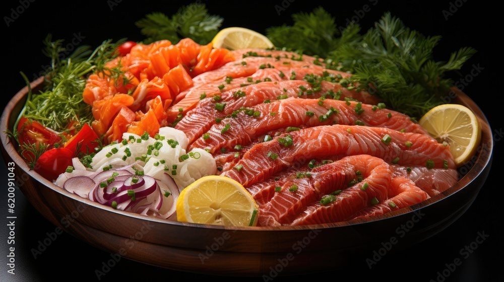 Raw seafood mix in a wooden bowl, black background, Sashimi japanese food, pieces of tuna, salmon.