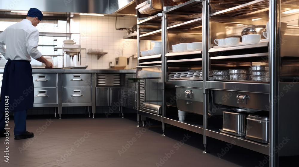 Professional bakery kitchen and stainless steel convection, bread bun in deck oven, kneading machine