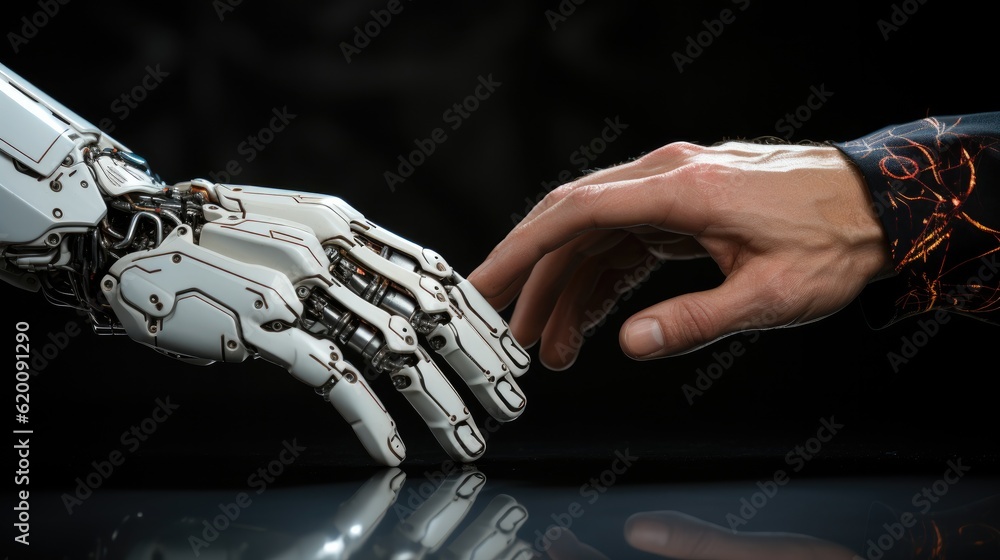 Robot connect to human, Human and robot hands reaching out and touching with index fingers.