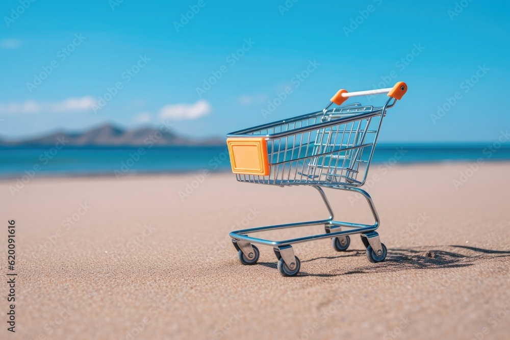 Shopping basket cart on sand beach with blue sky background, Summer sale and business service concep