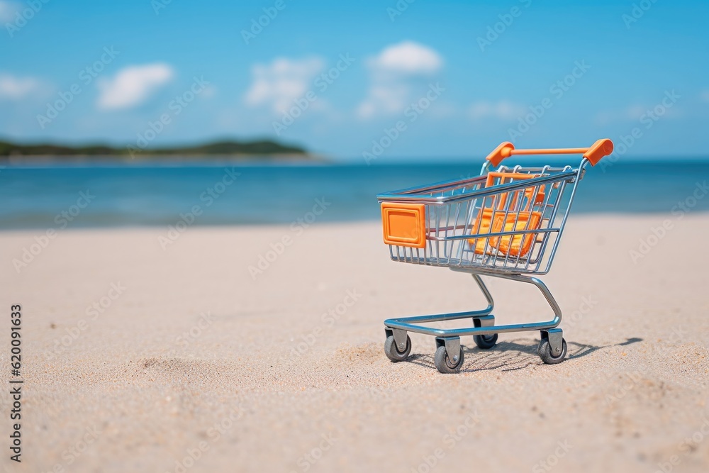 Shopping basket cart on sand beach with blue sky background, Summer sale and business service concep