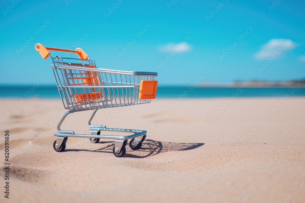 Shopping basket cart on sand beach with blue sky background, Summer sale and business service concep