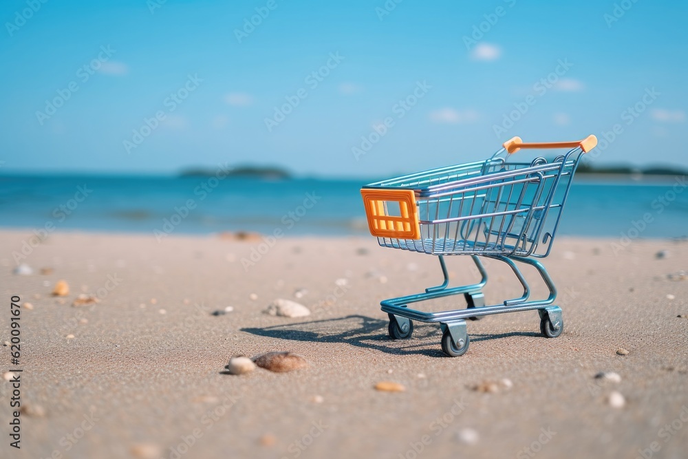 Shopping basket cart on sand beach with blue sky background, Summer sale and business service concep