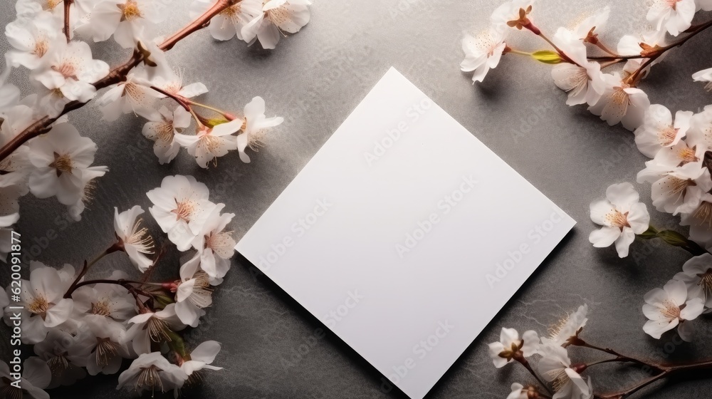 Invitation or greeting card mockup with white flowers, Card mockup with copy space on beige backgrou