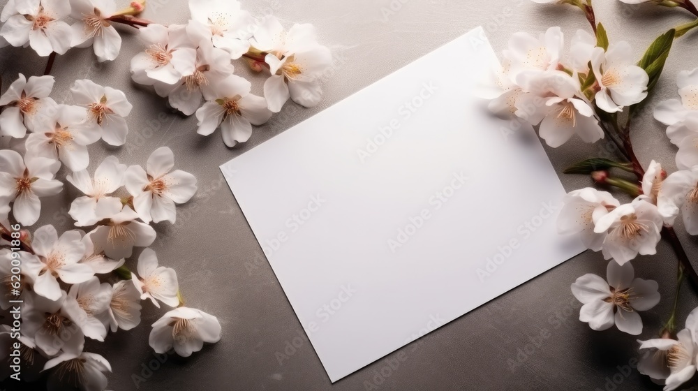 Invitation or greeting card mockup with white flowers, Card mockup with copy space on beige backgrou