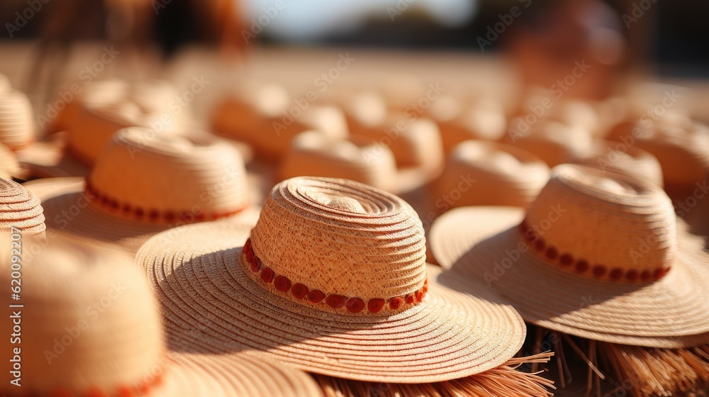 Group of straw floppy hats on floppy blurred hat backgrounds.