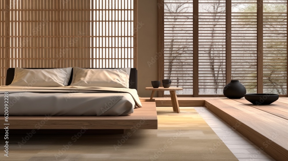 Bedroom interior wall mockup in warm neutrals with wooden bed, Wooden platform bed in Bed room Japan