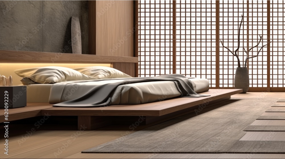 Bedroom interior wall mockup in warm neutrals with wooden bed, Wooden platform bed in Bed room Japan