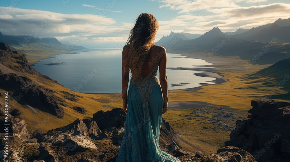 Young woman standing on the top of rock and looking at the seashore and mountains at colorful sunset