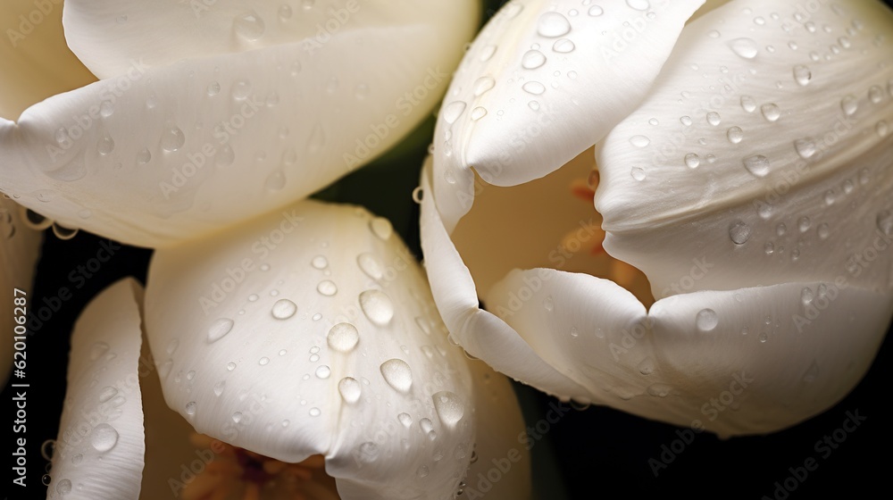 White Tulips flowers with water drops background. Closeup of blossom with glistening droplets. Gener