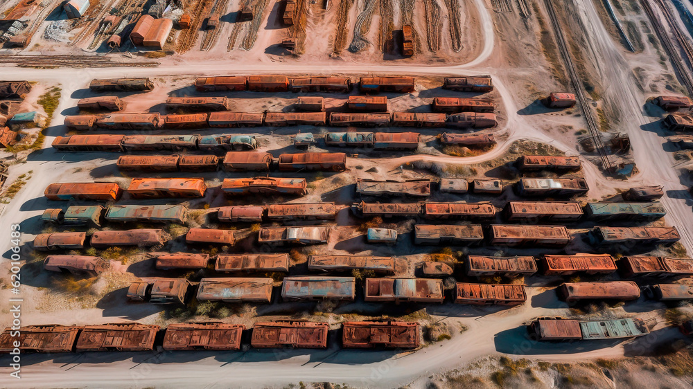 Aerial view of a train cemetery.