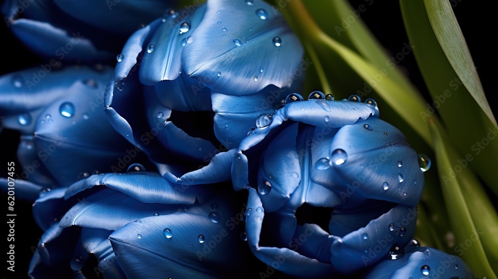 Blue Tulips flowers with water drops background. Closeup of blossom with glistening droplets. Genera