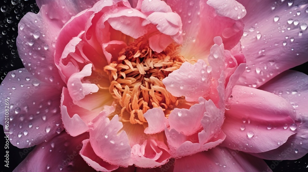 Pink Peony flowers with water drops background. Closeup of blossom with glistening droplets. Generat