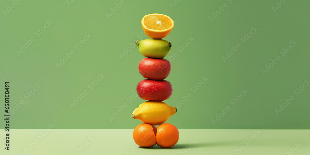 Equilibrium food balance diet concept. Balancing pyramid or tower of fruits. Generative AI