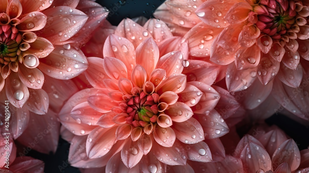 Pink Dahlia flowers with water drops background. Closeup of delicate blossom with glistening droplet