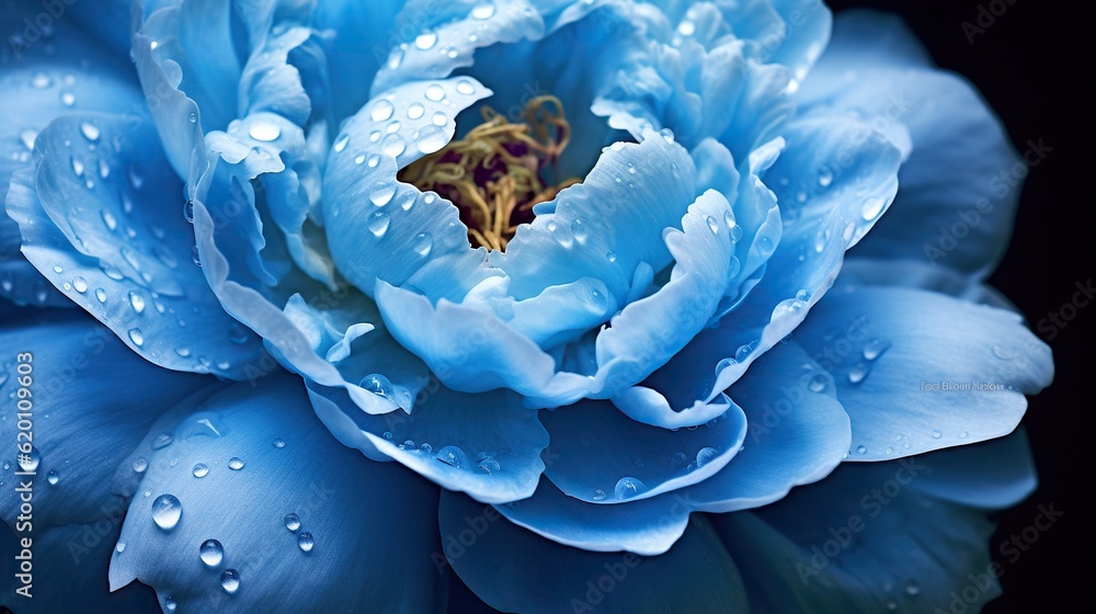 Blue Peony flowers with water drops background. Closeup of blossom with glistening droplets. Generat