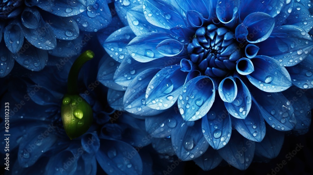 Blue Dahlia flowers with water drops background. Closeup of delicate blossom with glistening droplet