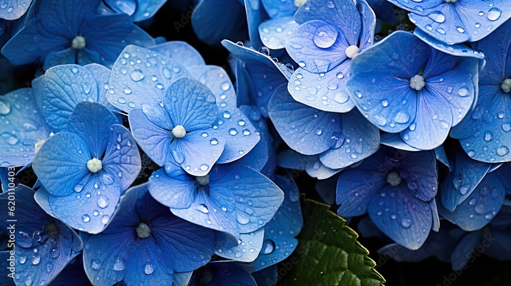 Blue Hydrangeas flowers with water drops background. Closeup of blossom with glistening droplets. Ge