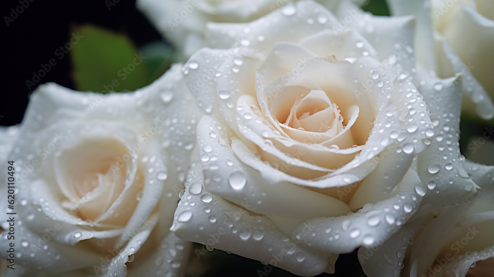 White Roses flowers with water drops background. Closeup of blossom with glistening droplets. Genera