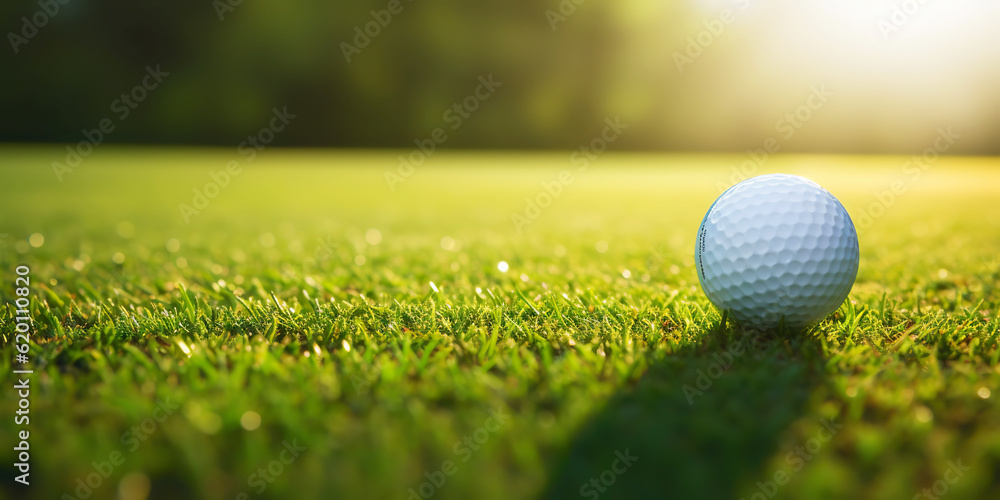 Close-up of golf ball on green grass of golf course, sunny day, blurred backdrop. Generative AI