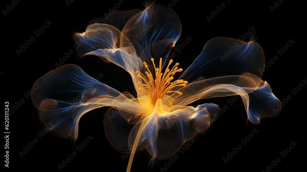 Golden x-ray image of a ethereal flower on black. Fantasy mystical blossom. Generative AI