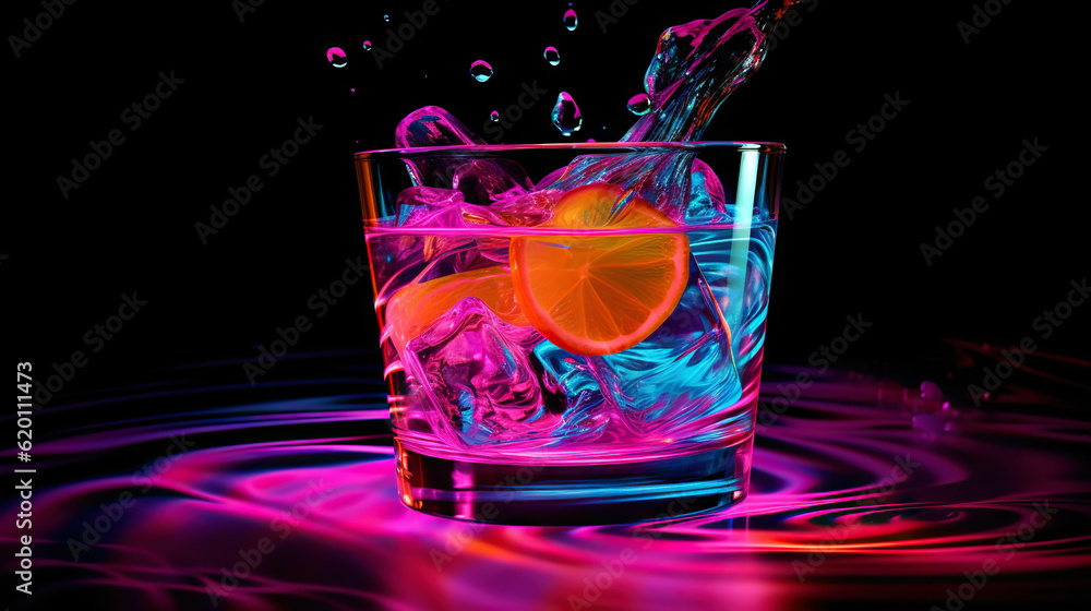 Glass of cocktail in hypnotic neon light. Colorful rave party drink. Generative AI