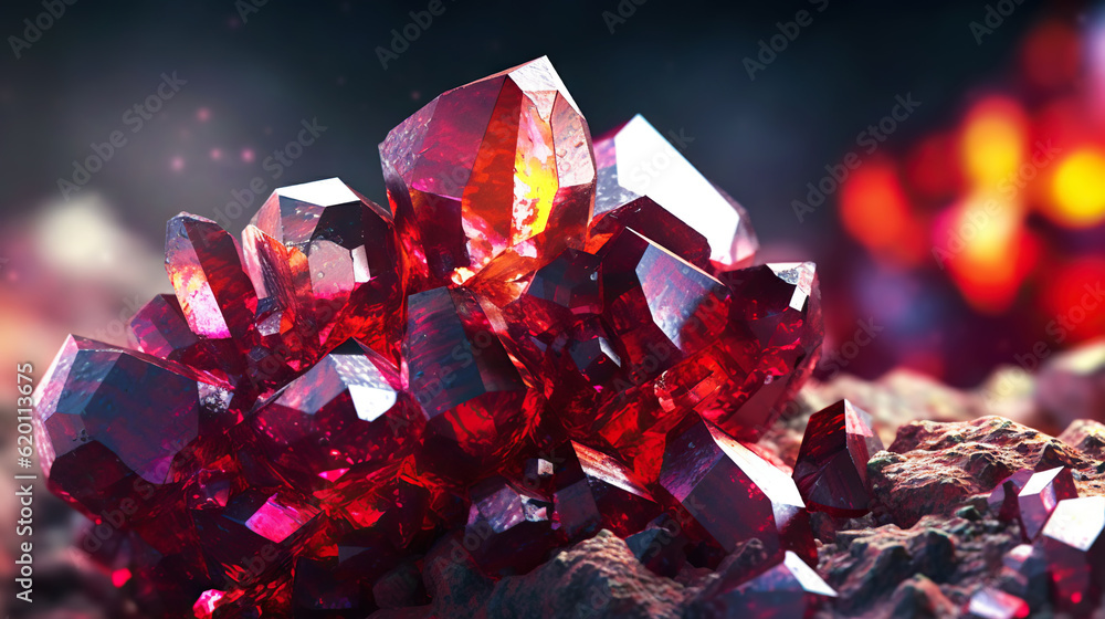 Amazing bright and shiny Cuprite crystal cluster background. Jewel mineral detailed macro. Generativ