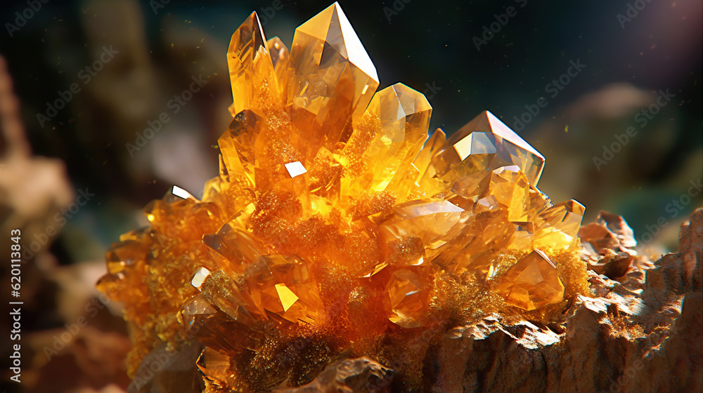 Amazing bright and shiny Wulfenite crystal cluster background. Jewel mineral detailed macro. Generat