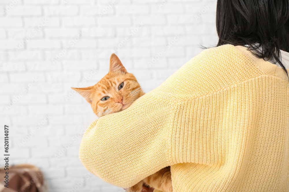 Woman with ginger cat at home, closeup