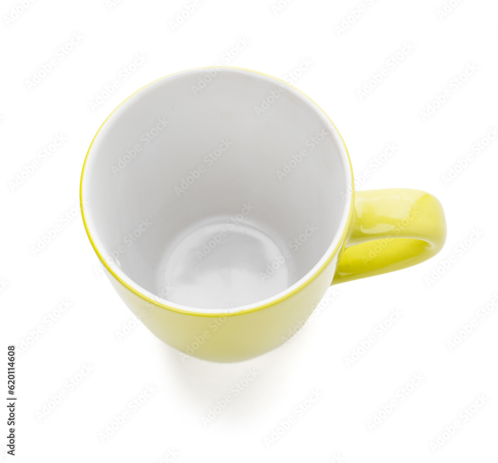 Yellow cup on white background