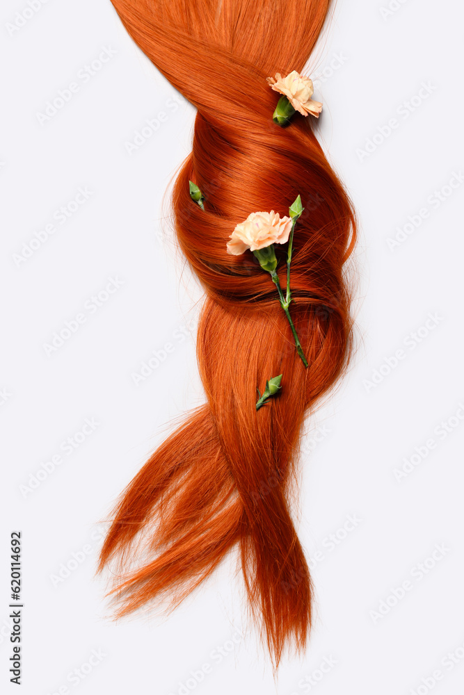 Beautiful ginger hair with carnation flowers on white background, closeup