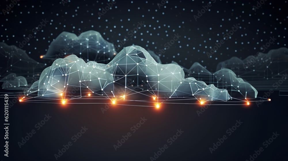 Abstract cloud linked to numerous data points. Cloud computing as a critical technology. Virtual sto