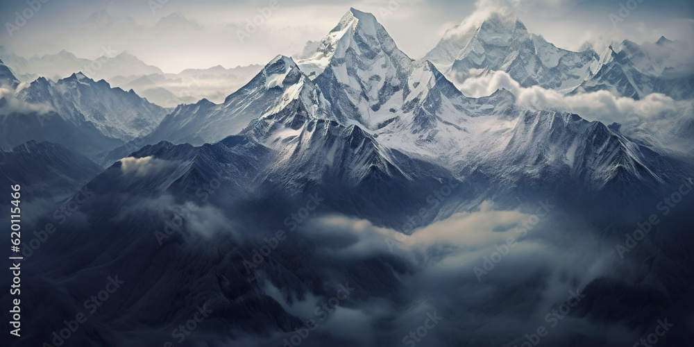 Dramatic snow-capped mountains landscape. Clouds and fog covers stone slopes. Generative AI