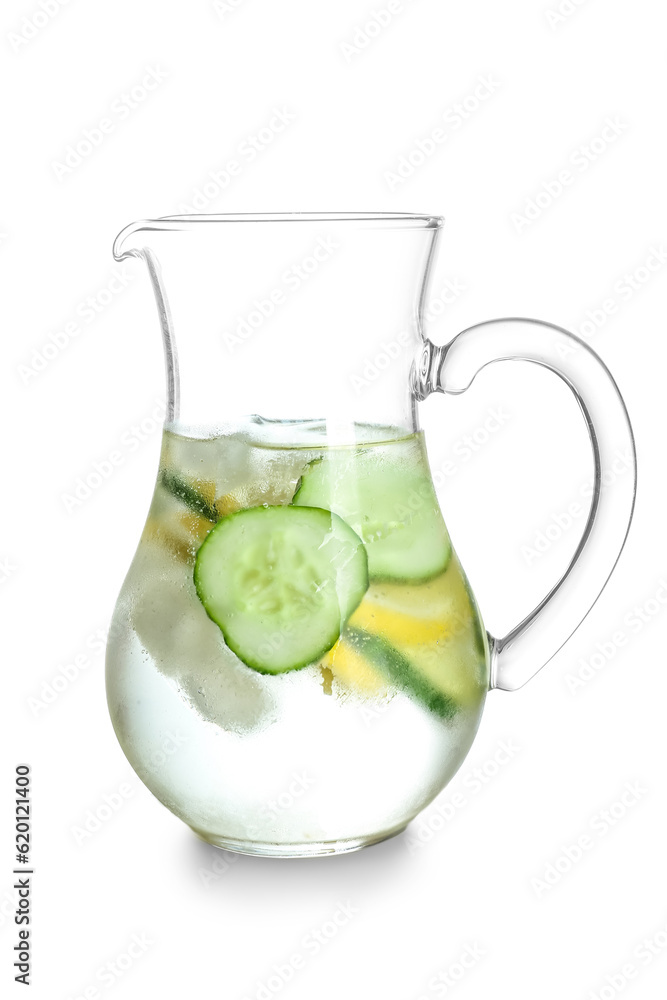 Jug of lemonade with cucumber on white background