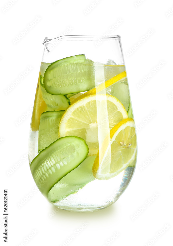 Jug of lemonade with cucumber on white background