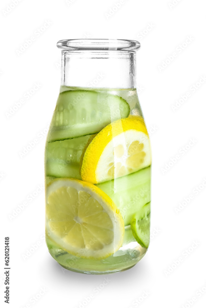 Bottle of lemonade with cucumber on white background