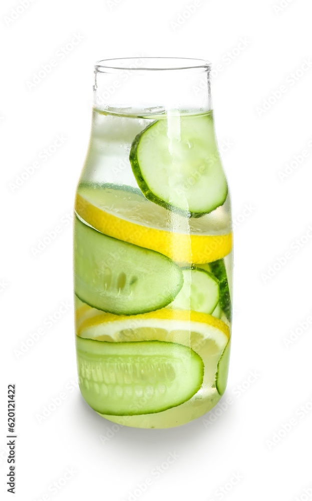 Bottle of lemonade with cucumber on white background