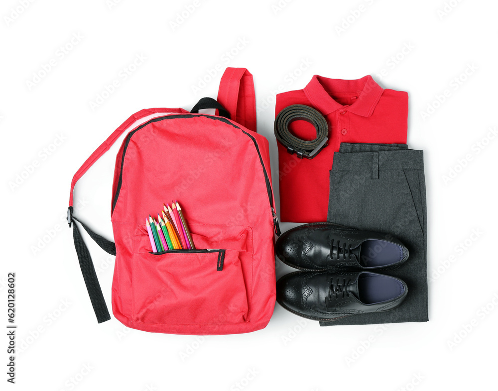 Stylish school uniform with backpack and pencils isolated on white background