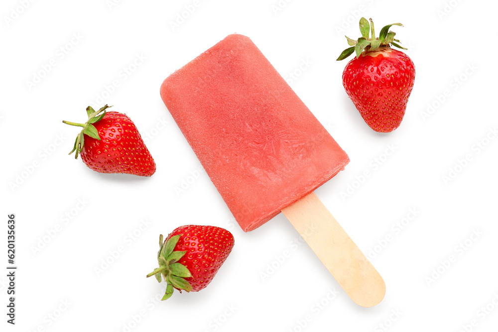 Sweet strawberry ice-cream popsicle on white background