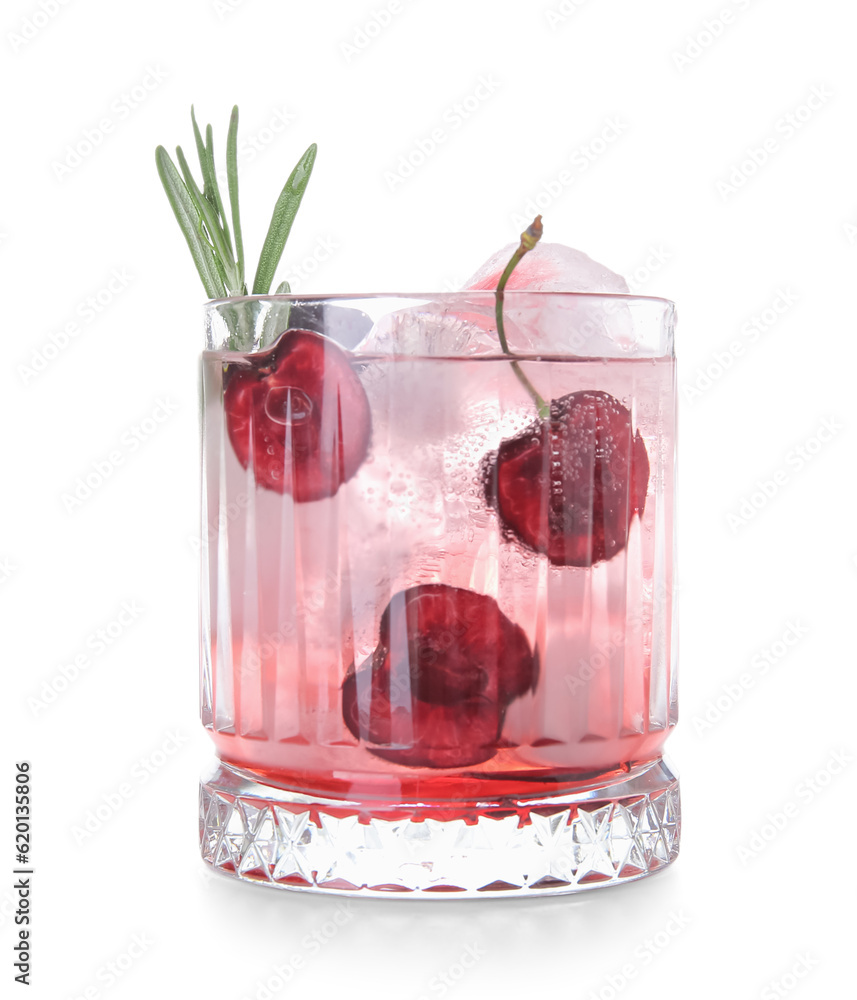 Glass of tasty cherry lemonade with rosemary on white background