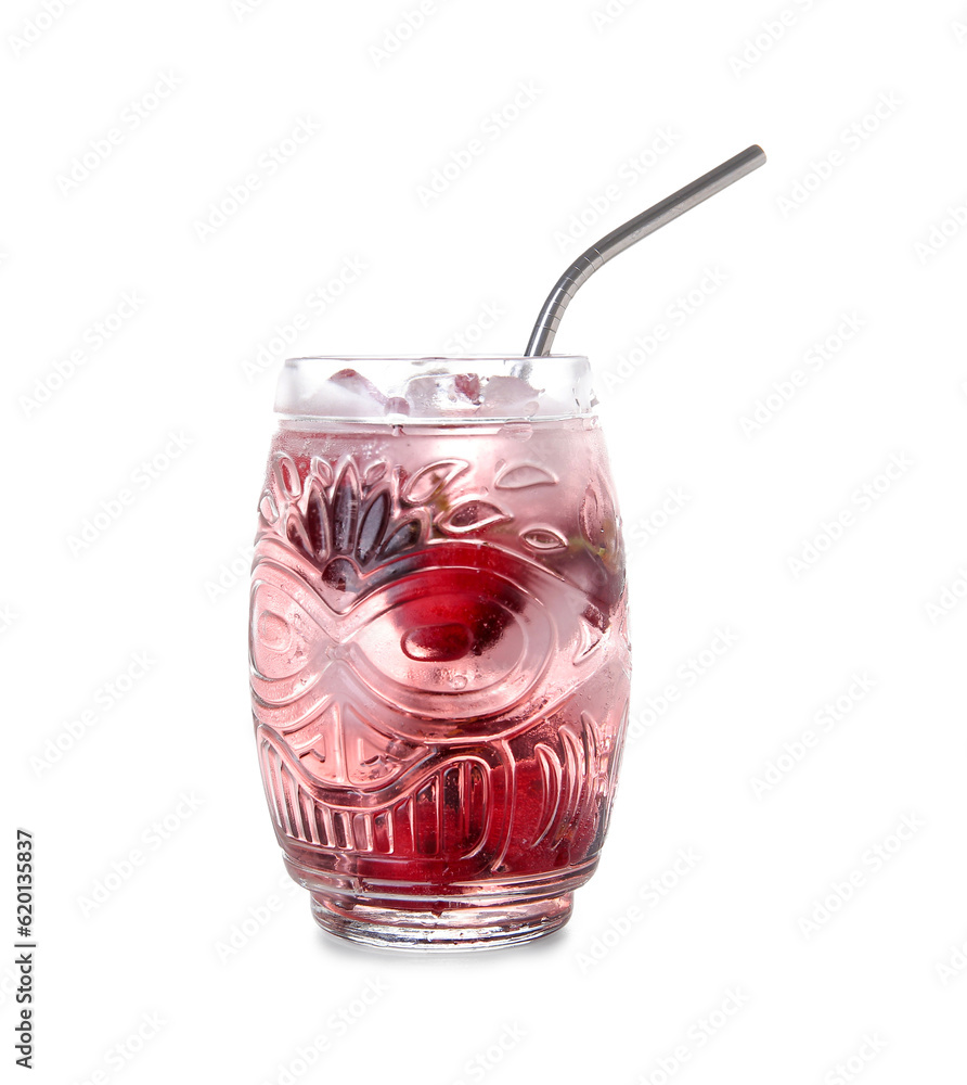 Glass of tasty cherry lemonade on white background