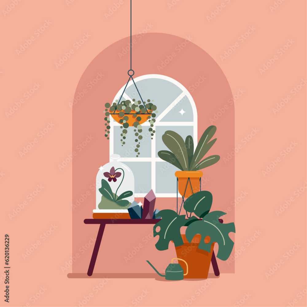 Illustration of a home garden on a windowsill. Flat hand-painted potted plants in the interior.