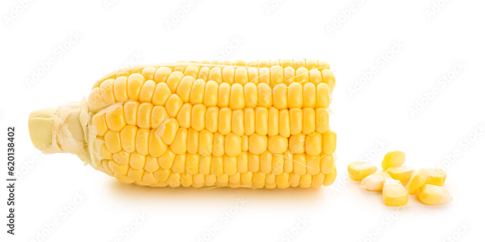 Cut fresh corn cob and seeds on white background