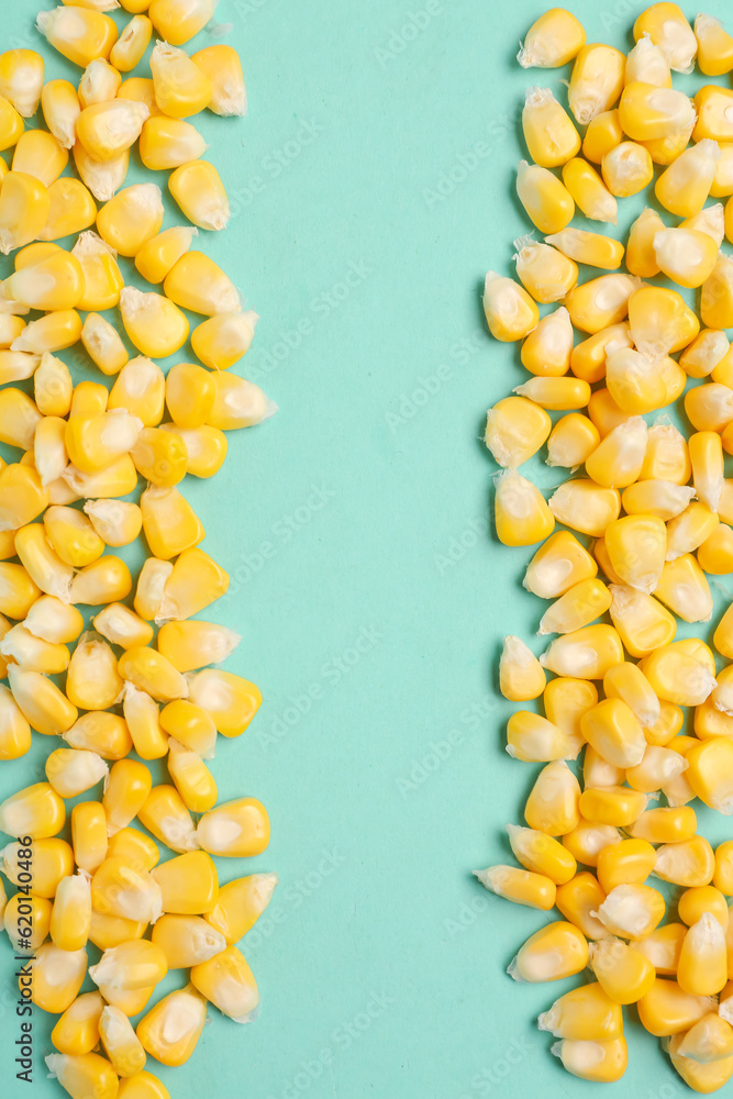 Fresh corn seeds on blue background