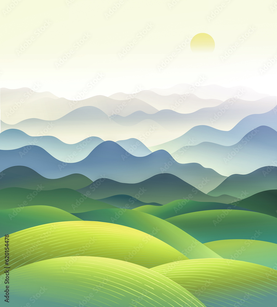 Hilly landscape with a panorama of mountain ranges in the fog. Raster illustration.