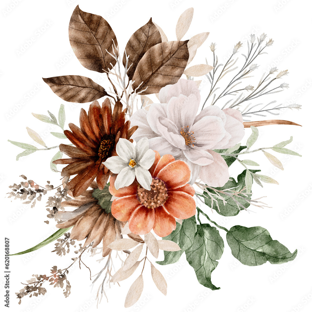 Autumn Flower and Leaves Bouquet Watercolor