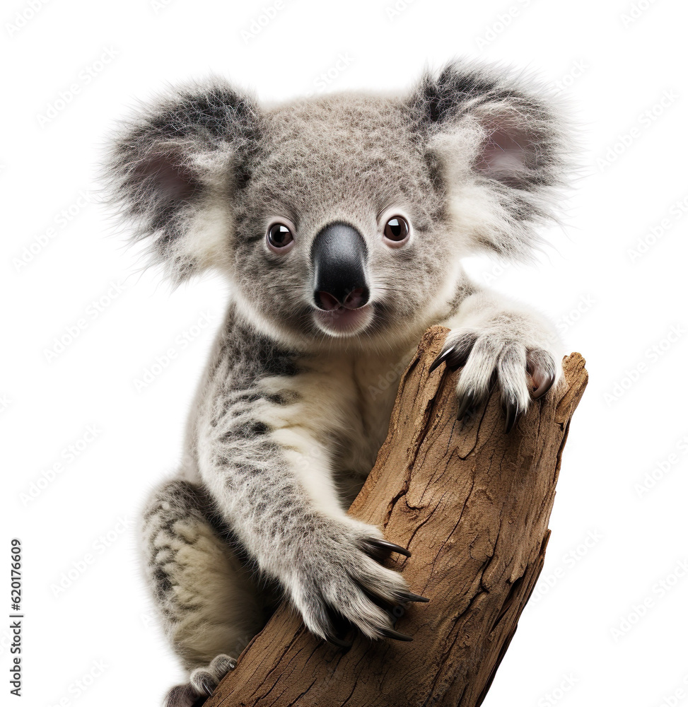 Cute little koala baby bear realistic photo generative AI illustration isolated on white background.